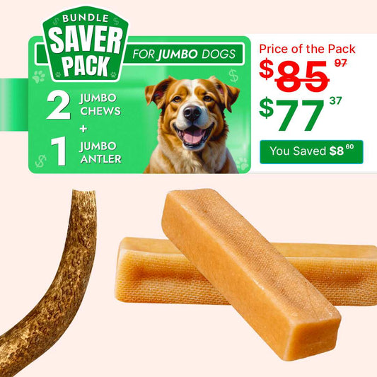 Jumbo Dog Saver Pack - 2 pc Yak chew+ 1 pc whole elk antler - Hard Cheese Chew for Aggressive Chewers