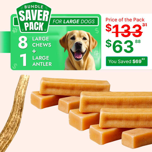 Large Dog Saver Pack - 8 pc Yak chew+ 1 pc whole elk antler - Long Lasting Dental Chews for Large Dogs