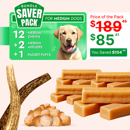 Medium Dog Super Saver Bundle: 12 Yak Chews+ 2 Premium Elk Antlers +1 Cheese Puff