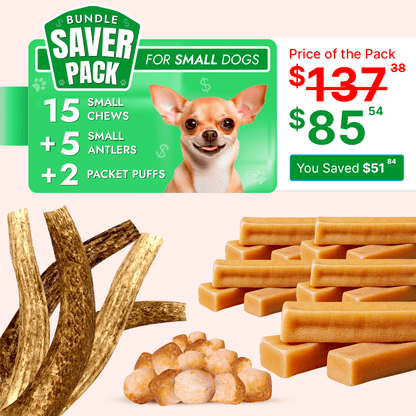 Small Dog Super Saver Bundle: 15 Yak Chews+ 5 Elk Antlers +1 Cheese Puff