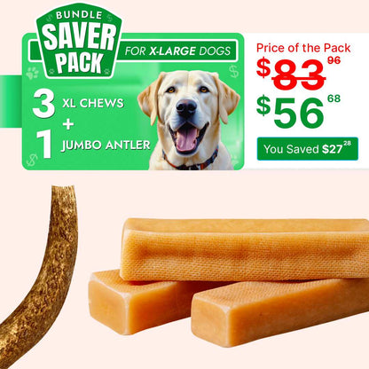 X-Large Dog Saver Pack - 3 pc Yak chew+ 1 pc whole elk antler - Hard and Long Lasting Dog Dental Sticks