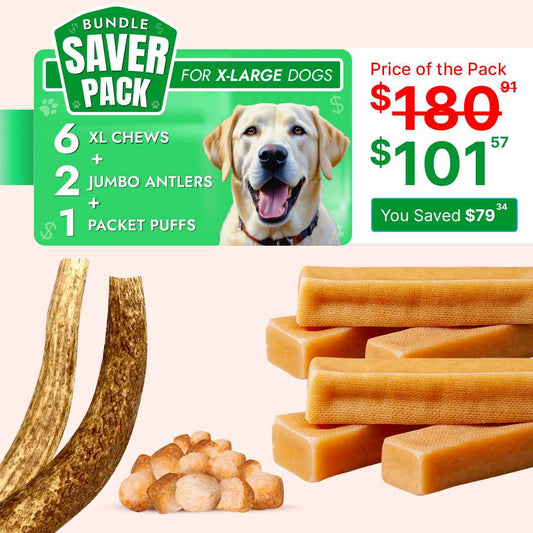 Jumbo Dog Super Saver Bundle: 5 Yak Cheese Chews+ 2 Antlers +1 Cheese Puff