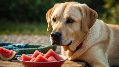 labrador dog eating watermelons