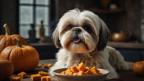 shi tzu with cooked pumpkin slices